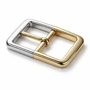 A polished zinc alloy two-tone plated buckle, combining gold and silver finishes in a classic rectangular shape with gently rounded edges. Ideal for premium belts, highlighting a high-shine and refined look.