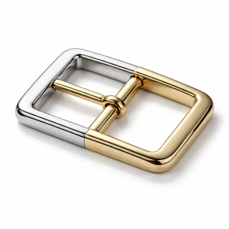 A polished zinc alloy two-tone plated buckle, combining gold and silver finishes in a classic rectangular shape with gently rounded edges. Ideal for premium belts, highlighting a high-shine and refined look.