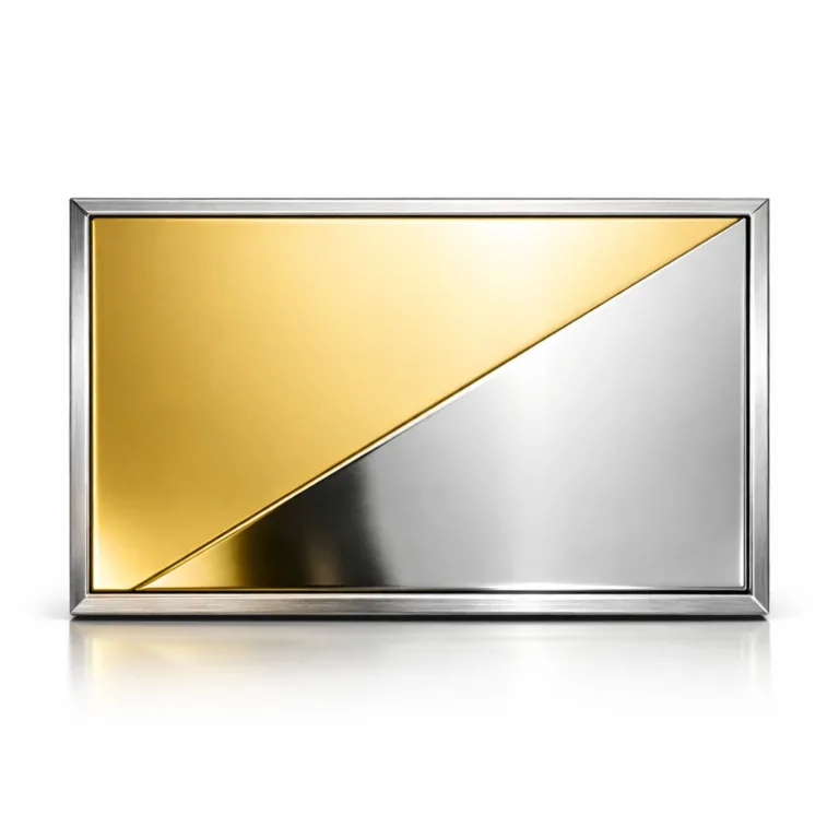 E-commerce studio image of a rectangular two-tone electroplated souvenir crafted from zinc alloy, with a polished mirror gold and silver finish and a brushed edge for a modern look.