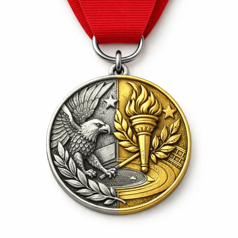 A round medal with dual-tone gold and antique silver plating, 3D relief emblem in the center, flat overall profile, and paired with a minimalistic plain red ribbon for classic presentation. Designed for commemorative or sports awards.