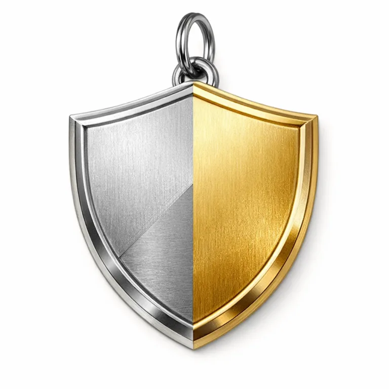 This two-tone medal features a unique shield shape, stained in gold and silver with a brushed matte surface. A crisp beveled edge adds depth, and a standard attachment ring completes the look. Suitable for security or achievement awards.