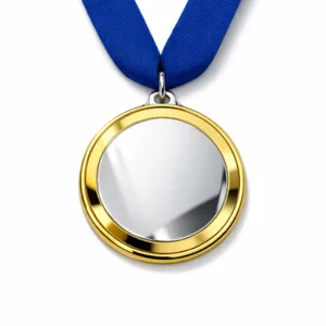 A dual-tone electroplated medal crafted from zinc alloy, featuring a polished mirror finish with gold and silver tones, classic round shape, soft rounded edge, and a standard ring attachment with a simple blue ribbon. Ideal for formal recognition events.