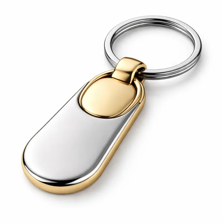 A studio photo of a two-tone metal keychain crafted from zinc alloy and brass, showcasing a polished gold and silver finish. The edges are softly rounded and it features a classic split ring for secure attachment.