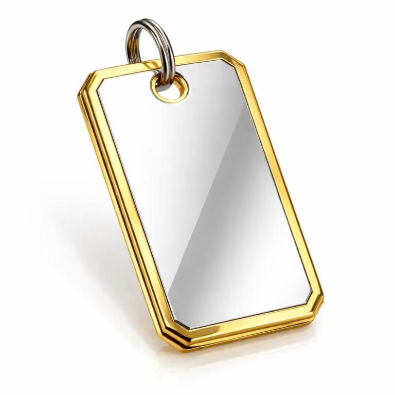 A rectangular two-tone plated metal tag manufactured in zinc alloy with a polished mirror surface and crisp beveled edge. Features a standard hole for split ring attachment, with no text or branding. High realism, suitable for e-commerce display.