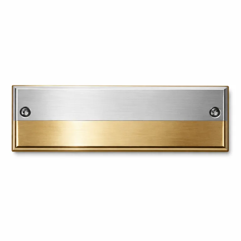 A two-tone rectangular nameplate made from zinc alloy and brass, showcasing brushed gold and matte silver finishes. The plate has a flat surface with beveled edges and visible screw holes on each end, perfect for wall or door mounting.