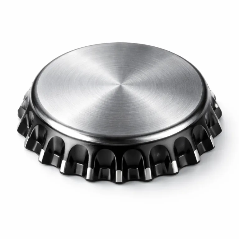 Realistic product shot of a two-tone plated bottle cap made of zinc alloy with a brushed shiny silver and black nickel finish, three-dimensional relief details, presented for detailed visual inspection.