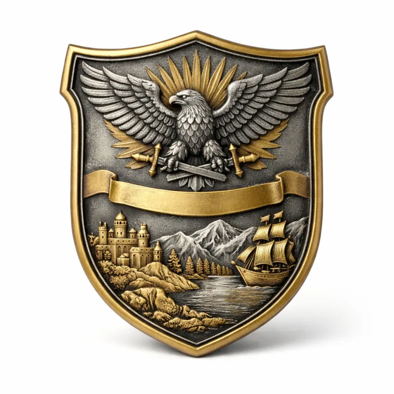 Studio photo of a custom shield silhouette two-tone electroplated souvenir with antique silver and gold finish on brass. Features a sandblasted matte texture, 3D relief details, and realistic craftsmanship.