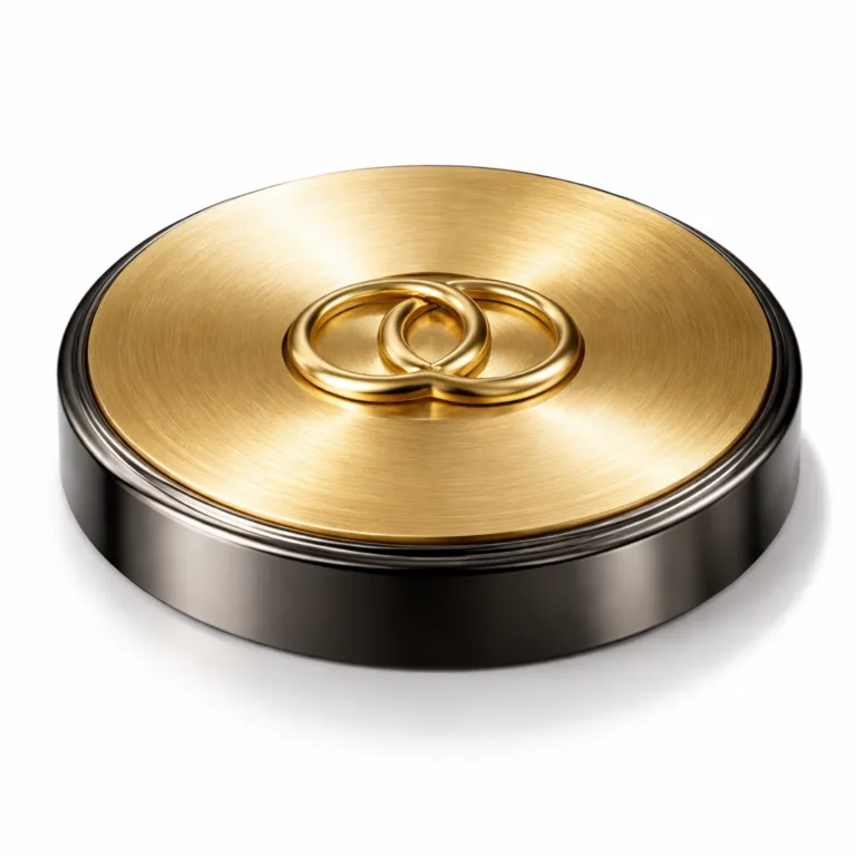 A Two-Tone Plated Lid Cover in a brass appearance with brushed surface texture, featuring gold and black nickel plating, round with a flat edge and a raised embossed emblem at the center.