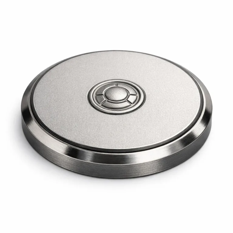 A zinc alloy Two-Tone Plated Lid Cover with sandblasted matte surface, featuring matte nickel and antique silver plating. Showcased with a crisp beveled edge and an embossed emblem shape in the center.
