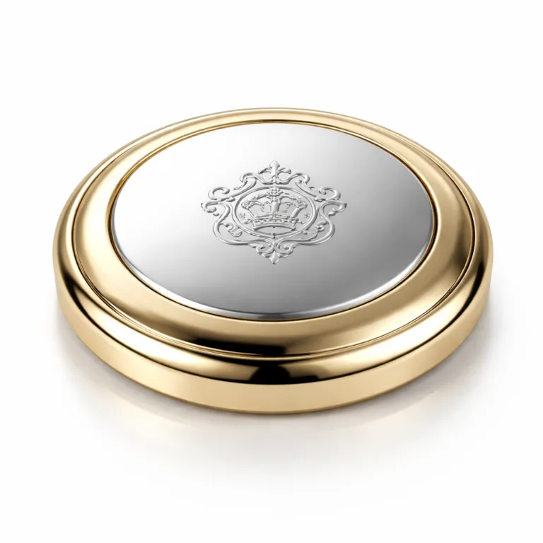 A single round Two-Tone Plated Lid Cover made from zinc alloy, featuring a polished mirror finish and dual gold and silver plating. The lid has a soft, rounded edge and an embossed emblem at the center.