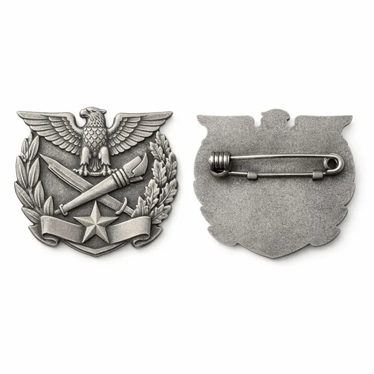Uniform cap badge produced in zinc alloy, plated with matte antique silver. The sandblasted surface texture and flat 2D design provide a subdued, vintage look. Safety pin back shown for easy attachment.