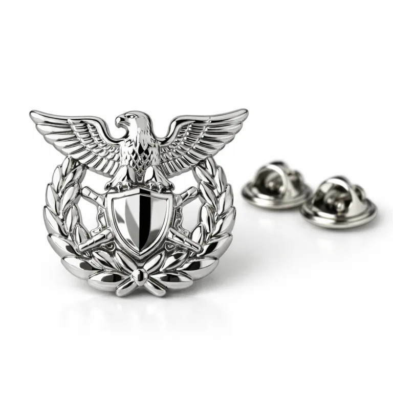 gr uniform cap nickel beveled pinback High quality uniform cap badge crafted from zinc alloy, featuring a shiny nickel plated surface with crisp beveled edges. The attachment is a butterfly clutch back, suitable for secure wear. Studio lighting highlights the reflective finish.