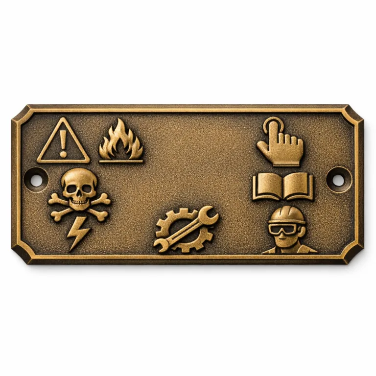 Rectangular warning and instruction nameplate in an antique brass finish with sandblasted matte texture. Features 3D relief icons and text, beveled edges, and screw holes for classic industrial mounting.