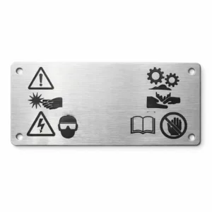 A modern rectangular warning and instruction nameplate crafted from brushed aluminum. Features laser-engraved icons and text areas with two mounting screw holes for secure installation. Ideal for machinery or industrial use.