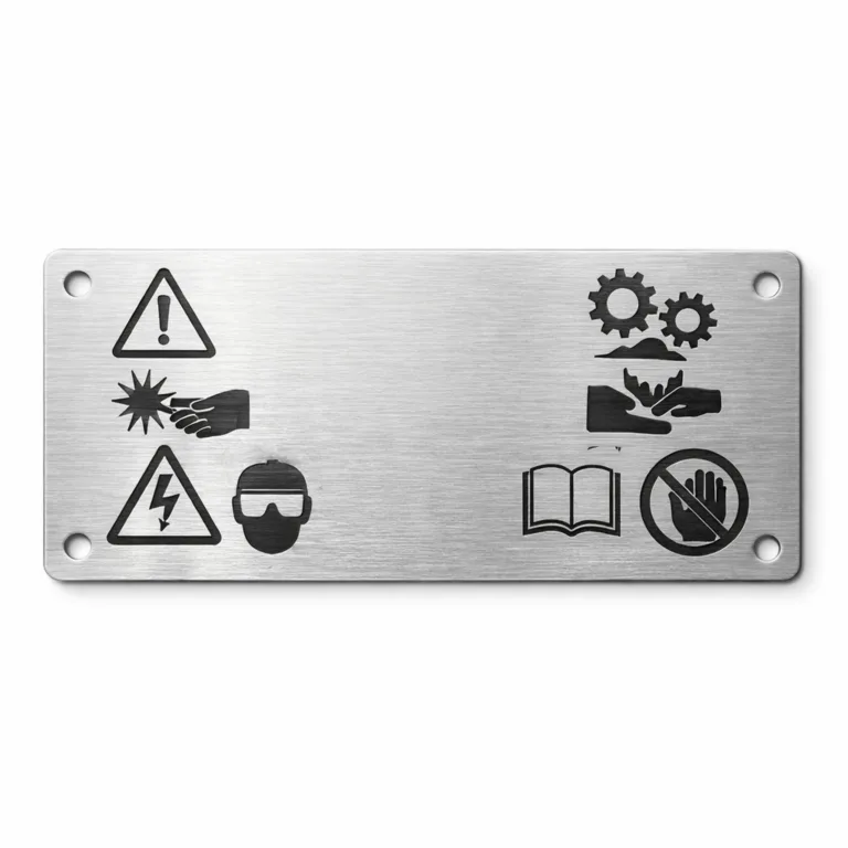 gr warning instruction brushed screw A modern rectangular warning and instruction nameplate crafted from brushed aluminum. Features laser-engraved icons and text areas with two mounting screw holes for secure installation. Ideal for machinery or industrial use.