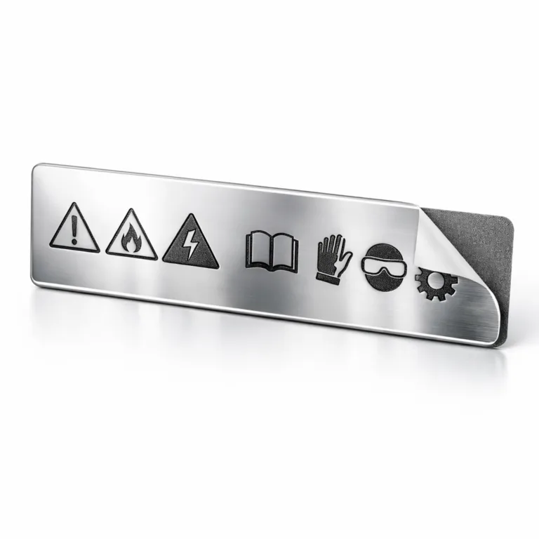 A sleek rectangular warning and instruction nameplate in highly polished mirror stainless steel. Features laser-engraved detail and a peel-and-stick adhesive backing for easy surface application. Elegant appearance for professional environments.