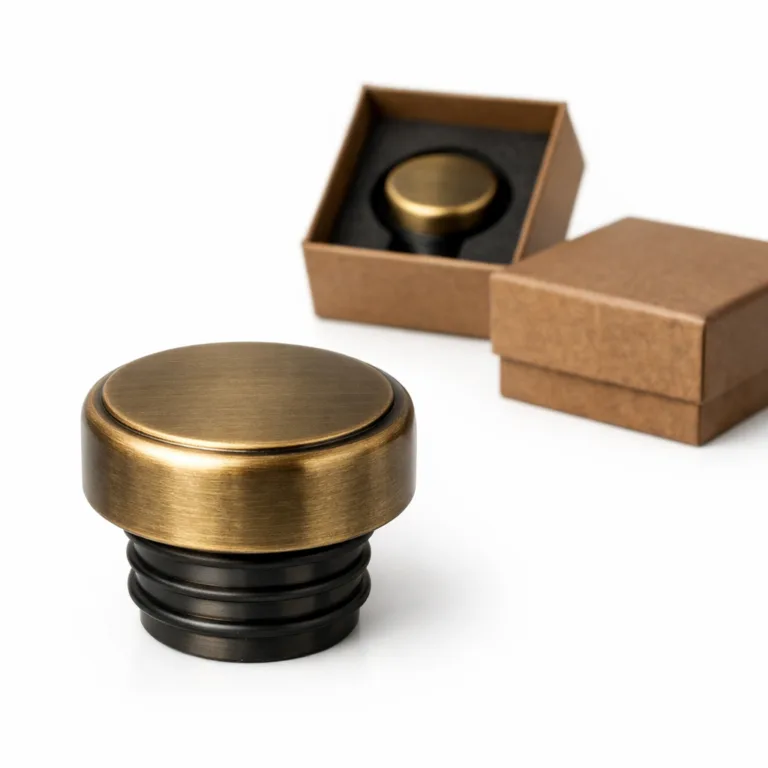 Decorative bottle cap in zinc alloy with a beautiful antique brass finish, featuring a soft rounded edge and a 2D flat emblem. The piece is presented with custom packaging for elegant gift-ready appeal.