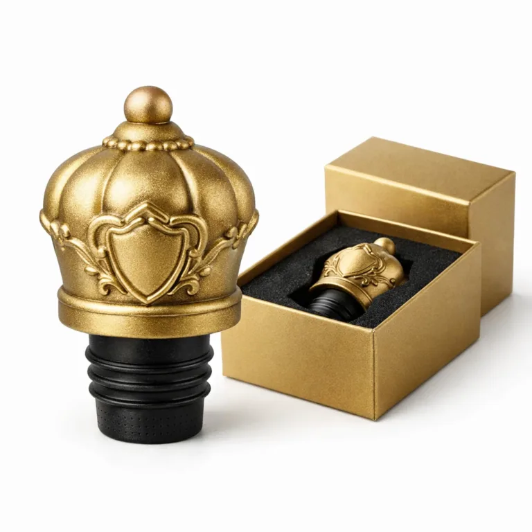 Matte gold zinc alloy bottle cap with a sandblasted surface texture, highlighted by a raised emblem design. Showcased with custom packaging, this cap has a modern, tactile aesthetic for premium bottles.