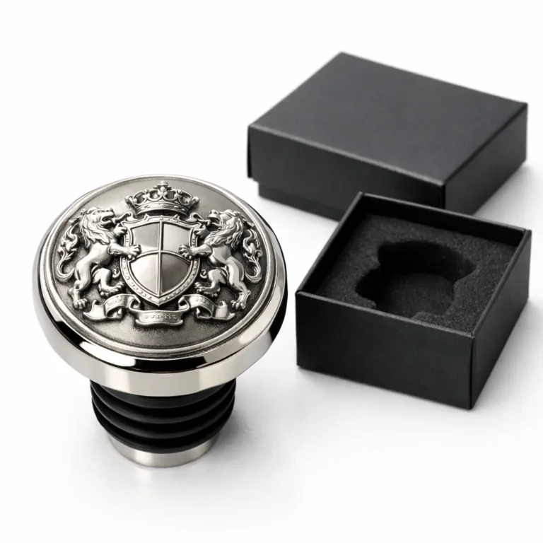 gr zinc alloy bottle cap nickel A high-quality zinc alloy decorative bottle cap shown in shiny nickel finish with a crisp beveled edge and a detailed 3D relief emblem design. Comes with optional custom packaging, perfect for upscale bottle presentation.