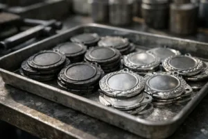This image contrasts iron and zinc alloy medal blanks on a workbench, highlighting their color and texture prior to finishing.