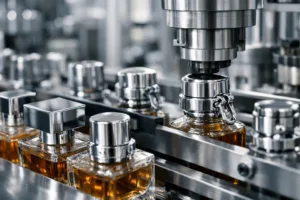 Precision placement of zinc alloy caps and hardware on high-end packaging, highlighting material quality and clean manufacturing floor.