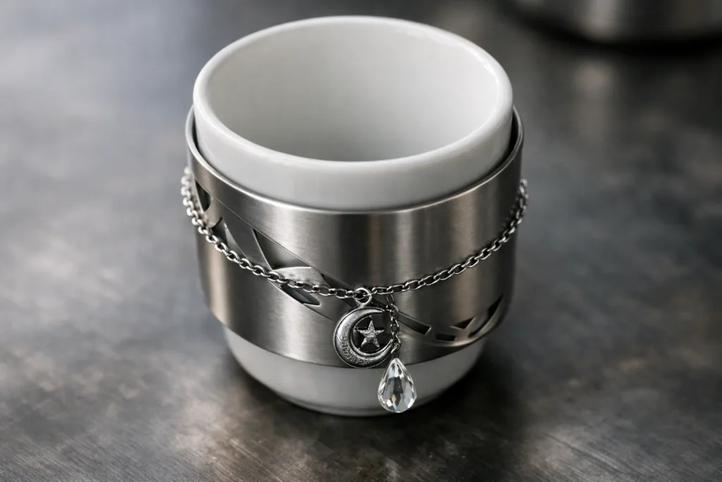 metal cup sleeve chain charm detail metal cup sleeve chain charm detail