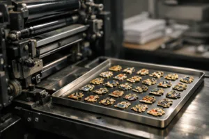 A professional workshop where offset printing machinery applies vivid images to metal pins, showcasing detail and accuracy.