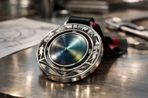 A detailed view showing the assembly and testing of a spinning medal crafted for a signature running event, highlighting both creative design and engineering precision.