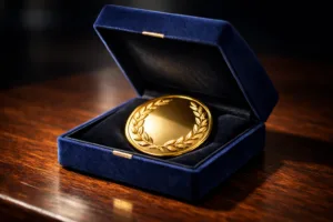 A premium velvet box with a gold medal inside, highlighting the elegance and presentation value of velvet for medal and coin packaging.