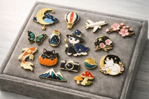 A high-quality image showing different enamel pins beautifully arranged on a velvet display board, perfectly showcasing methods on how to display and package enamel pins.