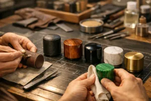 An array of perfume caps featuring leather, wood, and stone being handcrafted on a workbench, highlighting unique textures and artisan attention.