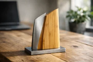 A visually striking eco-friendly trophy crafted from bamboo and recycled metal, ideal for environmentally conscious corporate recognition.