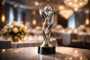 A photo showcases a bespoke metal trophy, reflecting corporate gala elegance and precision craftsmanship.