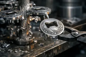 This image shows the close-up process of casting bottle opener challenge coins, emphasizing high-detail craftsmanship and crisp lines within a professional manufacturing environment.