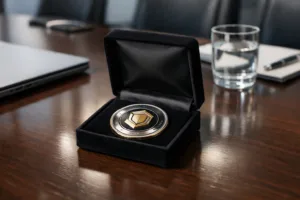 A challenge coin, designed for employee recognition, sits in an elegant velvet box on a meeting table, reflecting corporate prestige and reward.