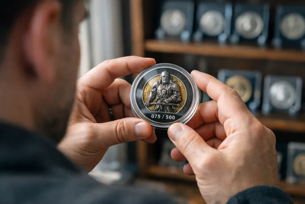 collector holding serial numbered coin collector holding serial numbered coin