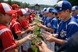 Youth baseball players exchange trading pins at the Cooperstown Tournament, capturing excitement, vibrant metal pins, and team camaraderie in action.