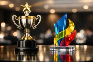 A custom metal trophy with a polished finish contrasts with a brightly colored generic plastic award, both displayed at an upscale event.