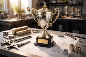 A professional workbench scene showing the transition from concept sketches to material selection in custom trophy making.