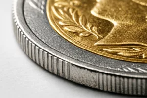 This image displays a finely crafted dual plated coin, highlighting both gold and silver sections to illustrate the complexity and beauty of the process.