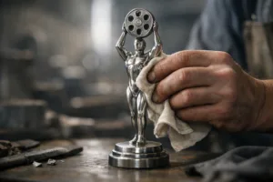An artist applies the final polish to a custom metal film festival statuette, highlighting attention to detail and craftsmanship in award creation.