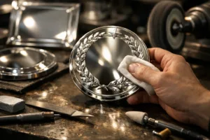 This image highlights artisans polishing metal plaques, demonstrating the attention to detail required to achieve flawless high-polish finishes for luxury awards.