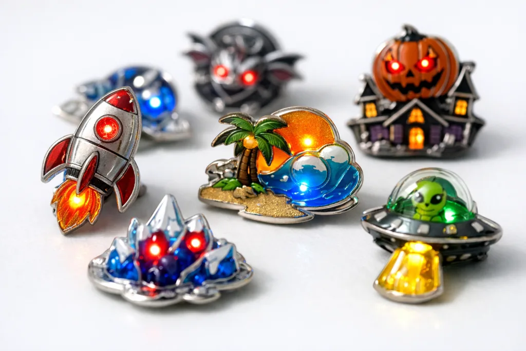 led metal trading pins closeup led metal trading pins closeup