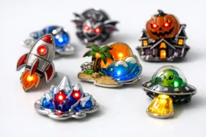This image illustrates the effect of adding blinkers and lights to trading pins, highlighting metal craftsmanship and illumination for event-ready designs.