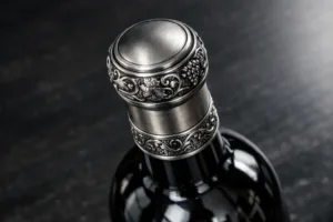 A detailed close-up image showing the intricate zinc alloy cap and collar on a high-end wine bottle, emphasizing durability and premium design.