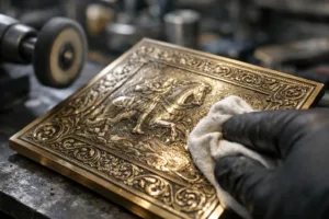 A craftsman carefully polishes an etched metal employee recognition plaque, emphasizing expert manufacturing and quality-focused finishing.