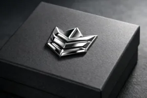 A luxury paper packaging box features a precisely crafted zinc alloy emblem, highlighting upscale logo branding and jewelry-grade metal finish.