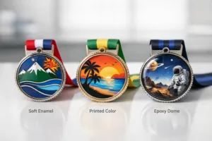 A detailed, side-by-side display of soft enamel, full-color printing, and epoxy domed medals, perfect for understanding design and finish differences.