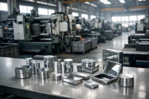 A clean industrial environment featuring advanced zinc alloy die-casting machines and polished packaging hardware, highlighting process capability.