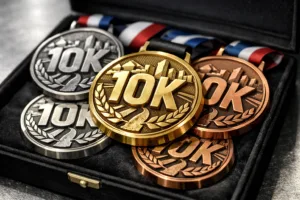 A detailed view of 10K running medals arranged in a velvet-lined presentation box, capturing the sense of prestige and finish-line achievement.